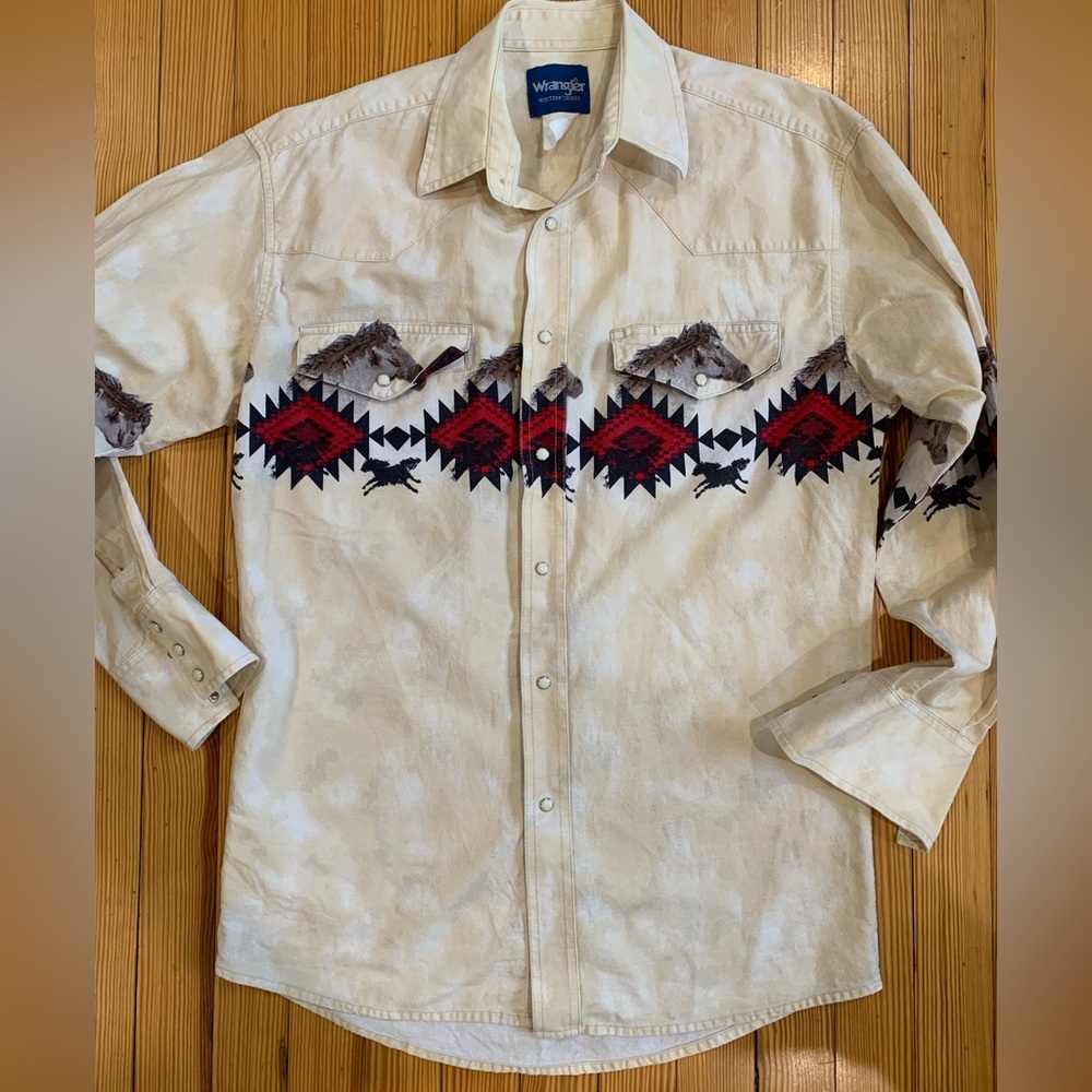Vintage Wrangler Aztec Horse Print Pearl Snap